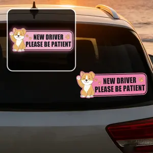 Cute Dog Pattern New Driver Car Decal , waterproof decals, Safety Reminder Sticker, Night Visibility Reflective Cartoon Dog Student Driver Decal, Please Be Patient, Waterproof Car Window Bumper Sticker
