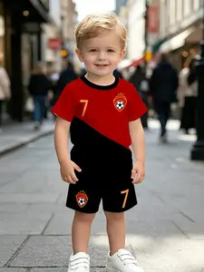 Boys' Soccer Style Short Sleeve Set, Block + Team Logo Print, Casual Fitted Shorts, Asymmetrical Design, Natural Waist