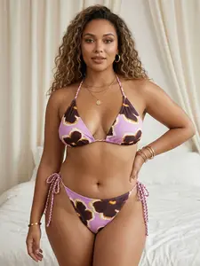 Plus Size Floral Halter Bikini Set, Vintage Style Adjustable Straps, Perfect for Full Figure Women, Vacation Wear