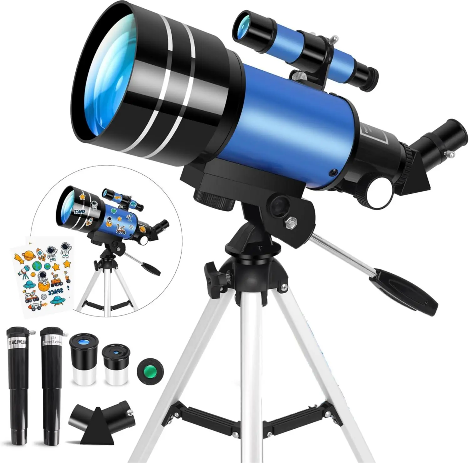 Refractor Telescope for Kids & Beginners - 70mm Aperture, 300mm Focal Length, Multi-Coated Lens, Portable, Space Stickers, Outdoor Stargazing STEM Gift Set