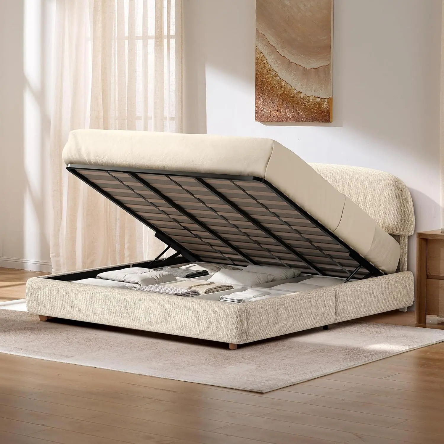 [2 Packages Shipping] ModernMate King Size Upholstered Platform Bed Frame - Oeko-TEX Chenille Beige, Wood-Framed Headboard, Adjustable Headboard Footboard, Hydraulic Lift-Up Storage, Wooden Slat Support, No Box Spring Needed