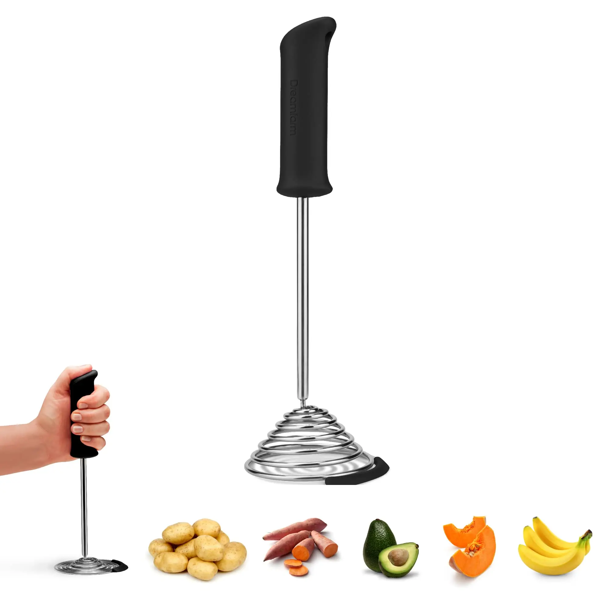 Dreamfarm Smood One-Handed & Ergonomic Soft-Grip, Stainless-Steel Vegetable & Potato Masher with Silicone Bowl Scraper - Black