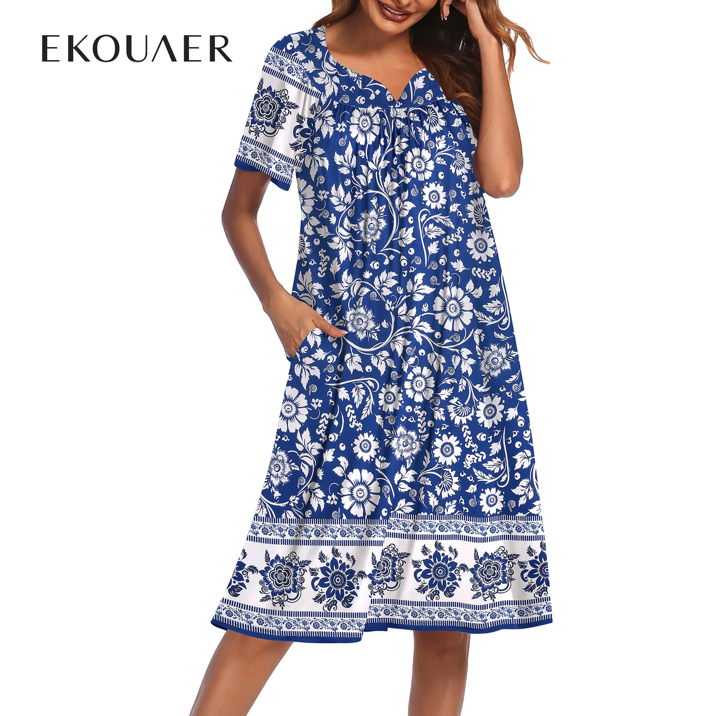 Ekouaer Women's 2026 Elegant V-Neck Short-Sleeve Polyester Blend Duster Maternity Dress - All-Season, No Fade, Floral, for Hospital Nursing, Sleep Wear