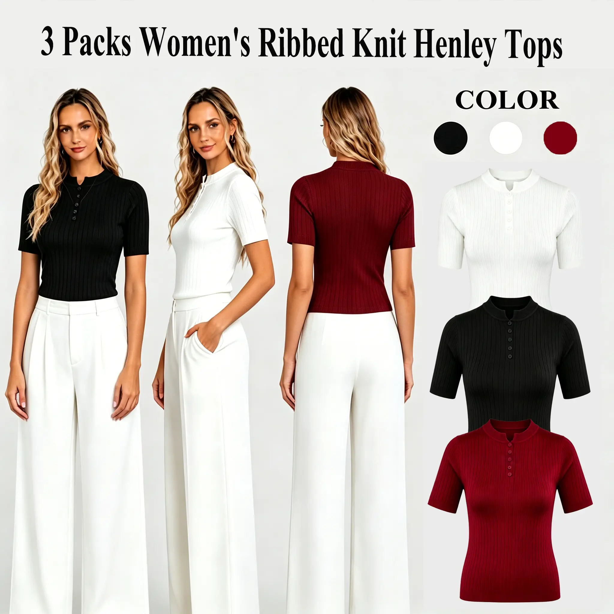 3 pcs women's Short Sleeve Basic Knitting Half Button Tops Henley Neckline Casual Lightweight Solid Pullover Knitting Comfortable Soft slim Womenswear outfits