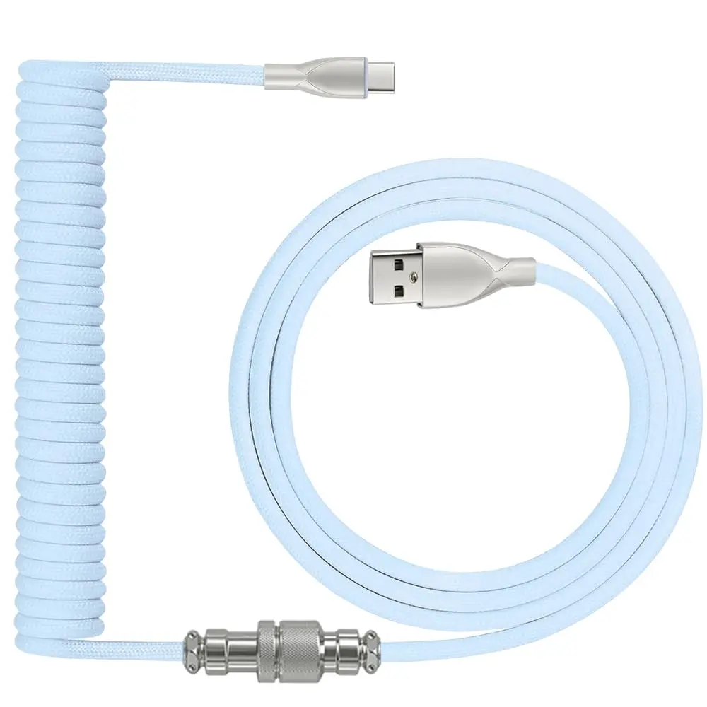Coiled Keyboard : 1.5M USB-C to USB-A Braided Cord with Detachable Aviator Connector, Durable & Tangle-Free for Custom & Mechanical Gaming Keyboards (Blue)