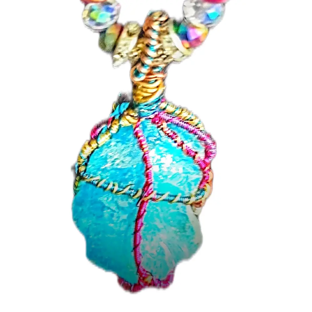 Elegant Blue Aura Quartz Pendant on Glass Chain with Silver Transition Beads Rare Fun Piece for Your Collection Unique Design