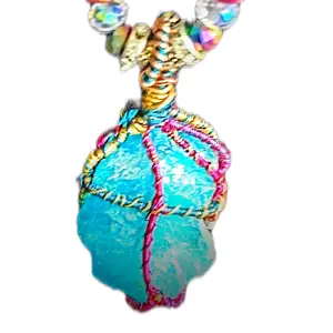 Elegant Blue Aura Quartz Pendant on Glass Chain with Silver Transition Beads Rare Fun Piece for Your Collection Unique Design