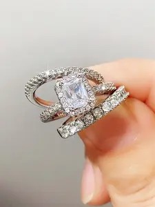 3 Pcs/Set Gorgeous Cubic Zirconia Ring Set Artificial Zircon Ring Bridal Rings For Women For Wedding Engagement Anniversary Jewelry Valentine's Day Gift