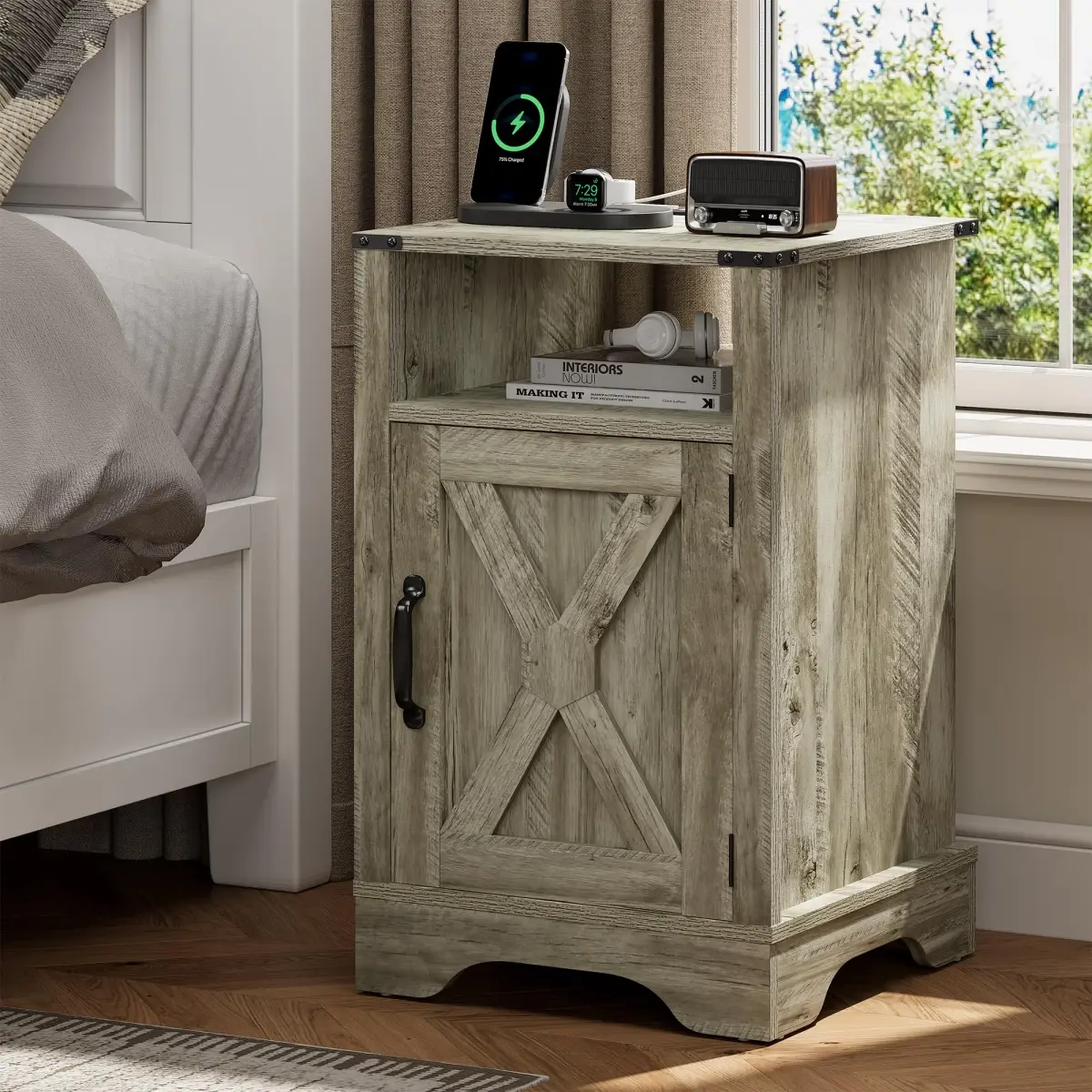 Farmhouse End Table with Charging Station Wooden Rustic Nightstands with Storage Cabinet and Shelf for Bedroom, Living Room, Living Room, Warm Grey On-Site