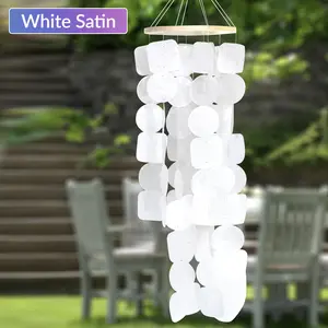 White Satin Capiz Wind Chime - 26-Inch Handmade Teak Wood Coastal Decor with 63 Iridescent Shell Pieces, Perfect for Garden, Patio, or Gift