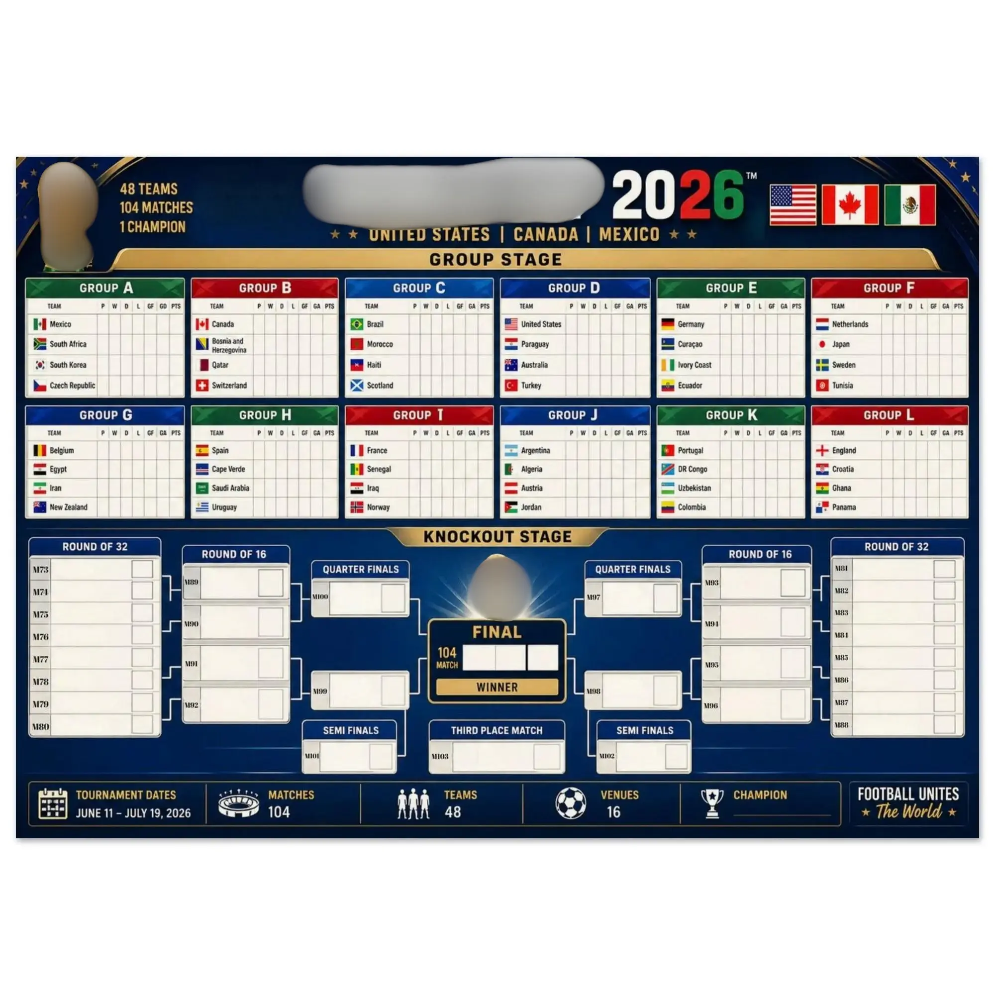 2026 WC Schedule Poster, Soccer Bracket Chart, Football Fixtures Wall Art