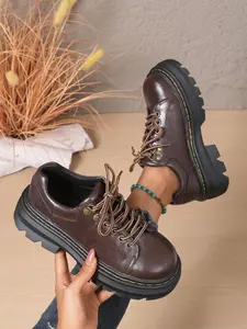 Women's Comfort Platform Loafers, Vintage Classic Lace-Up Chunky Heel Leather Casual Shoes, Round Toe Punk Style, Daily Wear Street Style Footwear