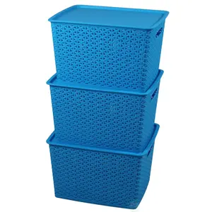212 MAIN 3-Piece Rectangle Plastic Storage Container Set with Lids - Blue, 8.75x14.25x12in, Textured Look, Cut-Outs, Multifunctional Storage Bin, Pet Feeding Supplies Organizer, Gift (QI003214.3)