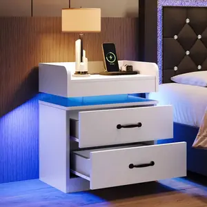 HOMBCK Nightstand With Charging Station, LED Night Stand With Charging Station, Bedside Table For Bedroom, Modern Night Stand With 2 Wood Drawers End Side Table For Bedroom, Black/ White/ Grey
