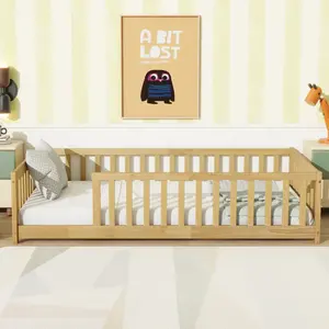 's bed;Twin Size Floor Bed with Fence without Door, Rubber Wood Floor Bed with Safety Guardrails,Natural