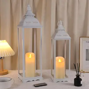 2 Pack Large Lanterns Decorative Indoor, White Tall Farmhouse Outdoor Lantern for Porch, 22'' 17'' Lantern Decor (no Glass) with 2 count Flameless Candles for Wedding  Table Front Door