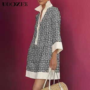 UOOZEE Women's Green Geometric Print Three-Quarter Sleeve Buttoned Collared Mini Dress Casual Summer Shirt No Stretch Stylish Design