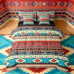 Feelyou 7-Piece White Red Blue Cowboy Aztec Queen Comforter Bed Set, Southwestern Cowgirl Tribal Bedding for Adults, Bohemian Farmhouse Style Linens, Queen Comforter Set, Bed Sheets Set, Bedroom Bedding Set