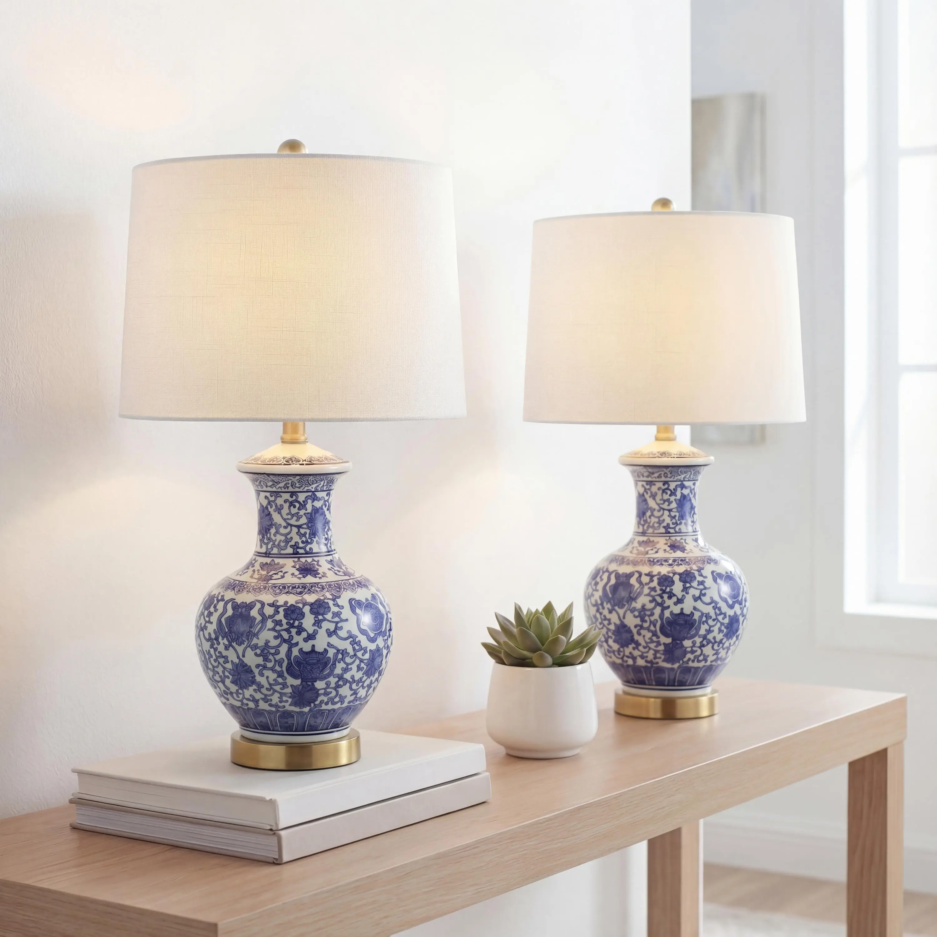 JONATHAN Y Jennifer Ceramic Ginger Jar Lamp 25.25", Blue/White, Set of 2 | Brass Gold Metal Base, Linen Drum Shade, Traditional Style, LED Bulbs Included