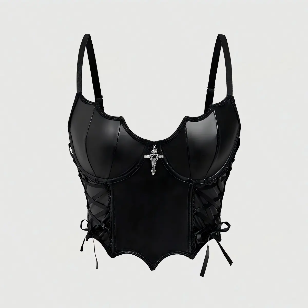 Black PU Leather Corset Top with Silver Cross | Gothic Lace Up Bustier Top for Party & Clubwear