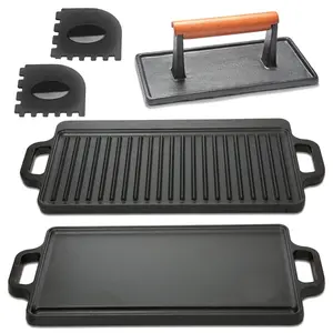 Cast Iron Griddle, Plus Cast Iron Grill Press & Pan Scrapers - Reversible Grill/Griddle for Stove top, Gas, Preseasoned & Non-Stick, measure 17 x 9 inch, Cookware