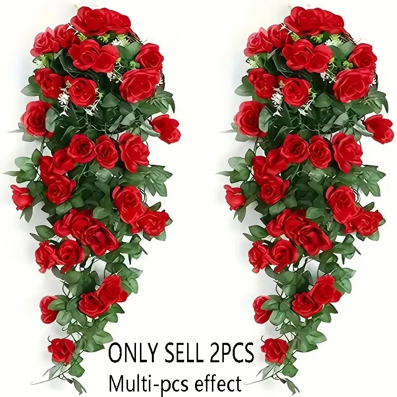 Two Artificial Red Rose Vine Wreaths, Decorative Fake Flowers, Faux Floral Decor, for Spring Floral Arrangements, Hotels, Offices, Decorating Rooms, Parties, Weddings, Also for New Year Decorations