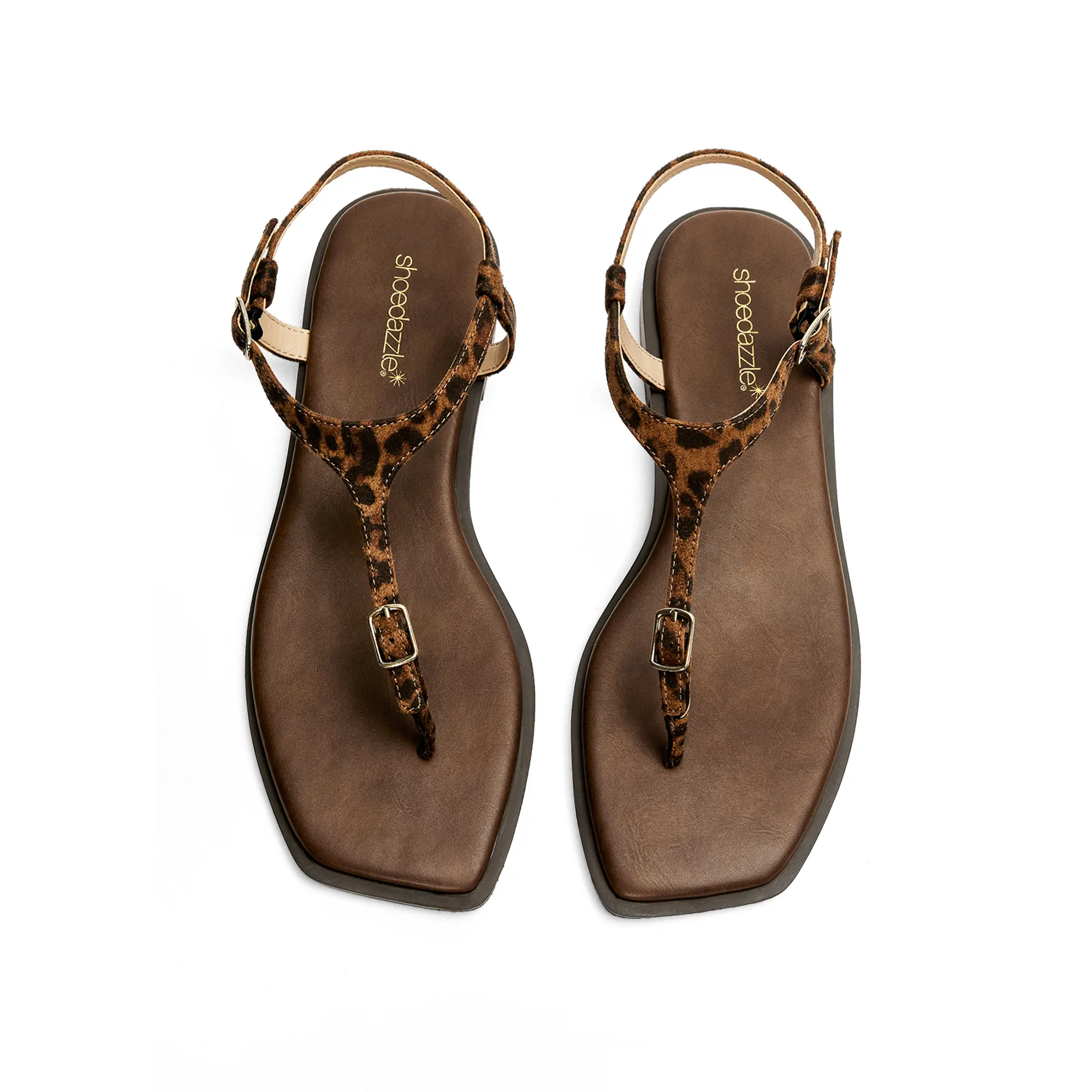 JUST FAB Women's Leopard Print Thong Sandals with Adjustable Buckles Soft Flat Sandals Square Toe Non-slip Summer Casual Walking Shoes for Beach Vacation