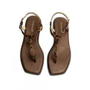 JUST FAB Women's Leopard Print Thong Sandals with Adjustable Buckles Soft Flat Sandals Square Toe Non-slip Summer Casual Walking Shoes for Beach Vacation