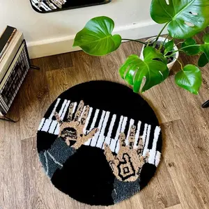 Piano keyboard, two hand shaped circular carpet, black and white velvet floor mat, bedroom bedside anti slip and wear-resistant foot mat, Home Decor Rugs, art enthusiast space decoration mat suitable for ins style and literature home decoration