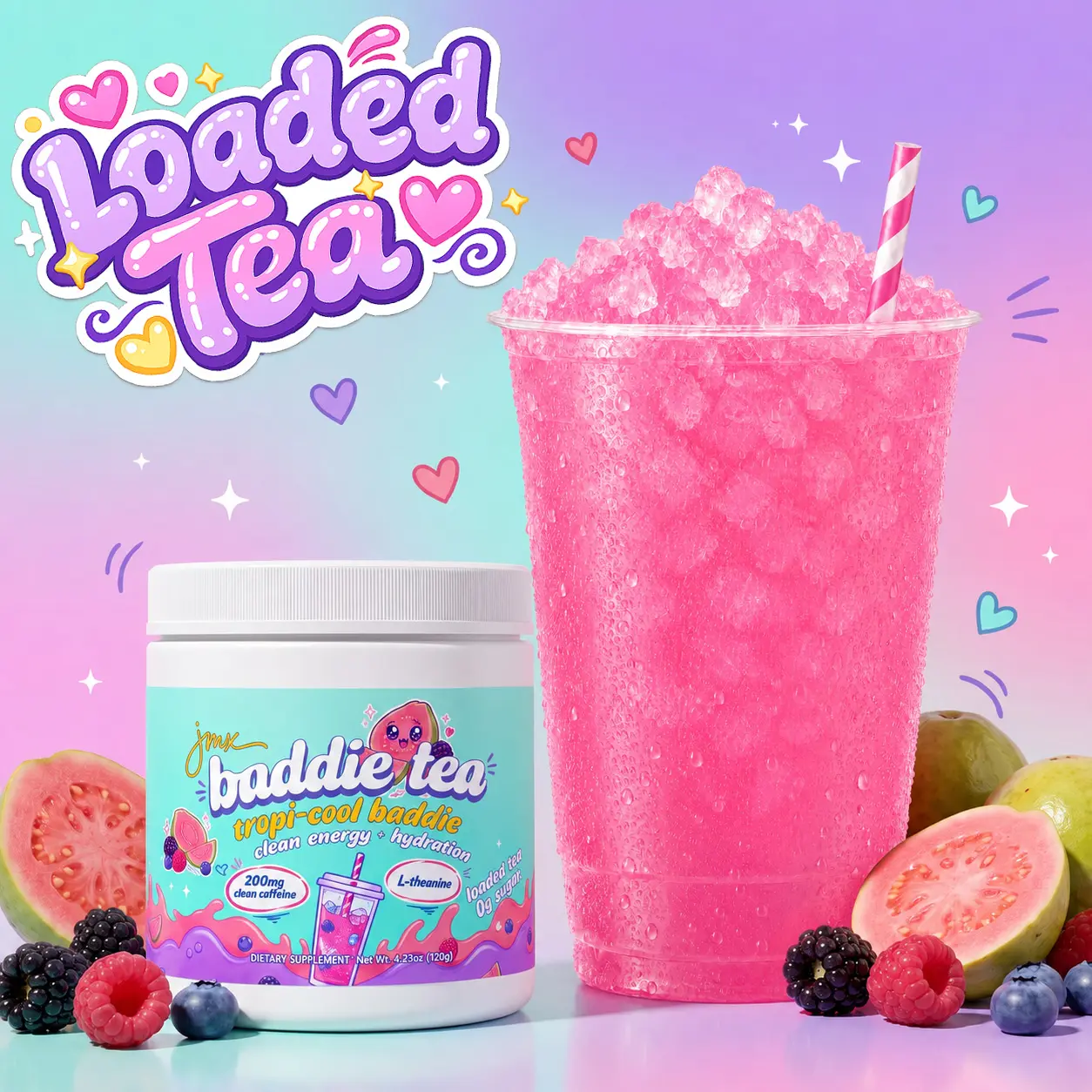 JMX Baddie Tea - Loaded Tea, Tropi-Cool Baddie Guava Berry Flavor, 200mg Clean Caffeine, L-Theanine, B-Complex, 0g Sugar, Clean Energy + Hydration