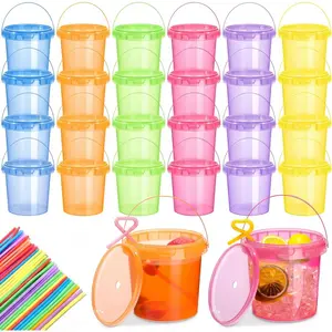 24 Pack 25 oz Plastic Rum Buckets Bulks for Drinks with Straws Reusable Ice Cream Cocktail Cups Neon Party Bucket with Lids Handles Food Containers Cup for Summer Beach Bar Beer