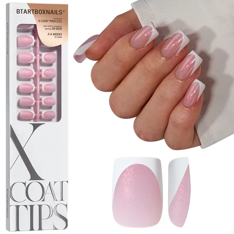 BTArtboxnails XCOATTIPS Press on Nail Sets - 96pcs Vegan Cruelty-Free Soft Gel for Adults, French Tip Short Square/Almond/Stiletto Nails, Glitter Pink Base Coat, Soak-Off Acrylic Extensions, French Tip Press On Nails