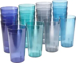 Cafe Plastic Reusable Tumblers 20-ounce & 32oz Iced-Tea Cups, Coastal | Value Set of Restaurant Style Drinking Glasses, Stackable, BPA-free, Made in the USA | Top-rack Dishwasher Safe