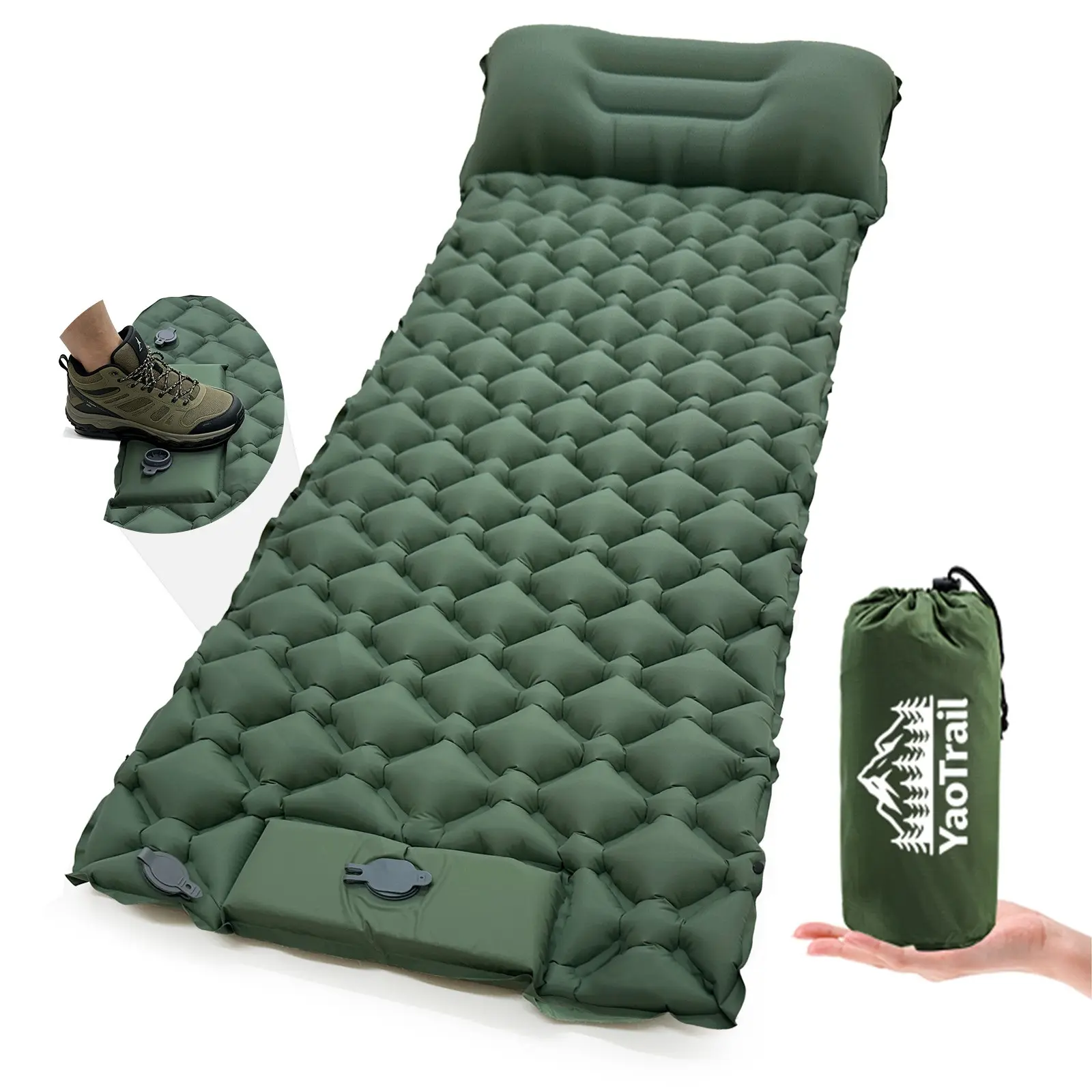 Camping Sleeping Pad with Foot Pump, 2" Extra Thick Inflatable Mattress with Pillow, Portable Sleeping Pad, Ultralight Mat, Waterproof Nylon, Connectable for Backpacking, Hiking, Tent, Inflatable Camping Bed