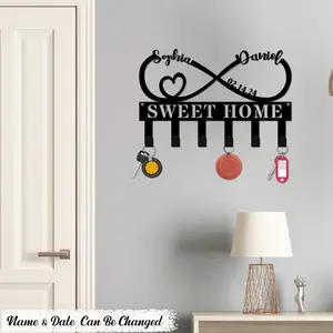 Custom Name Sweet Home Personalized Key Holder for Wall - Metal Key Holder, Key Rack, Key Hooks on Wall, Coat Rack, Wedding Gifts for Couple