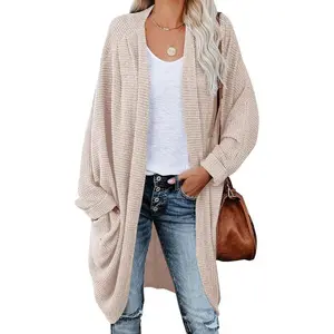 Women’s Open-Front Knit Cardigan, Long Batwing Sleeves, Oversized Sweater, Chunky Waffle Cable Knit, Boho Style, With Pockets, Coat/Top, Casual
