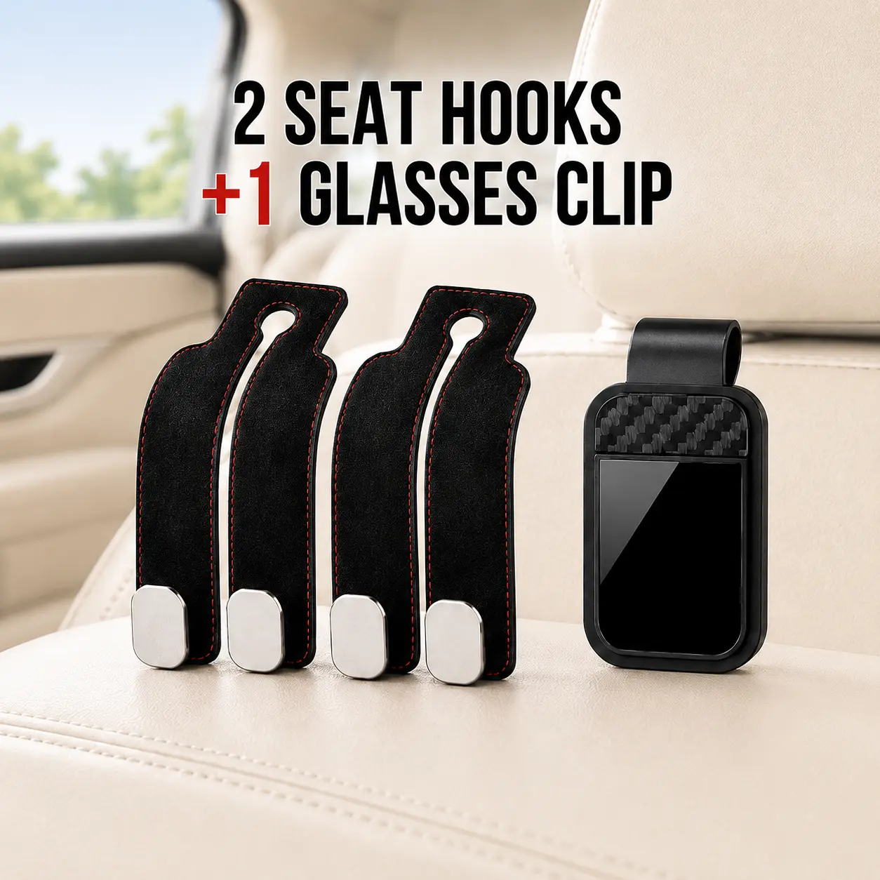 3PCS Car Seat Headrest Hooks & Sun Visor Sunglasses Holder Set, 2 Soft-Touch Back Seat Double Hooks for Purses, Handbags, Bags, Groceries, Kids Toys & Hats + 1 Car Glasses Clip, Auto Interior Storage Organizer Accessories for Cars SUVs Trucks