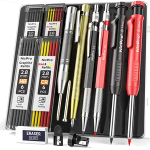 Nicpro 6 Pack Carpenter Pencil Set with Sharpener, Mechanical Carpenter Pencils with 40 Refill, Automatic Center Puncha and Carbide Scribe Tool, Heavy Duty Construction Pencil for Architect - with Case