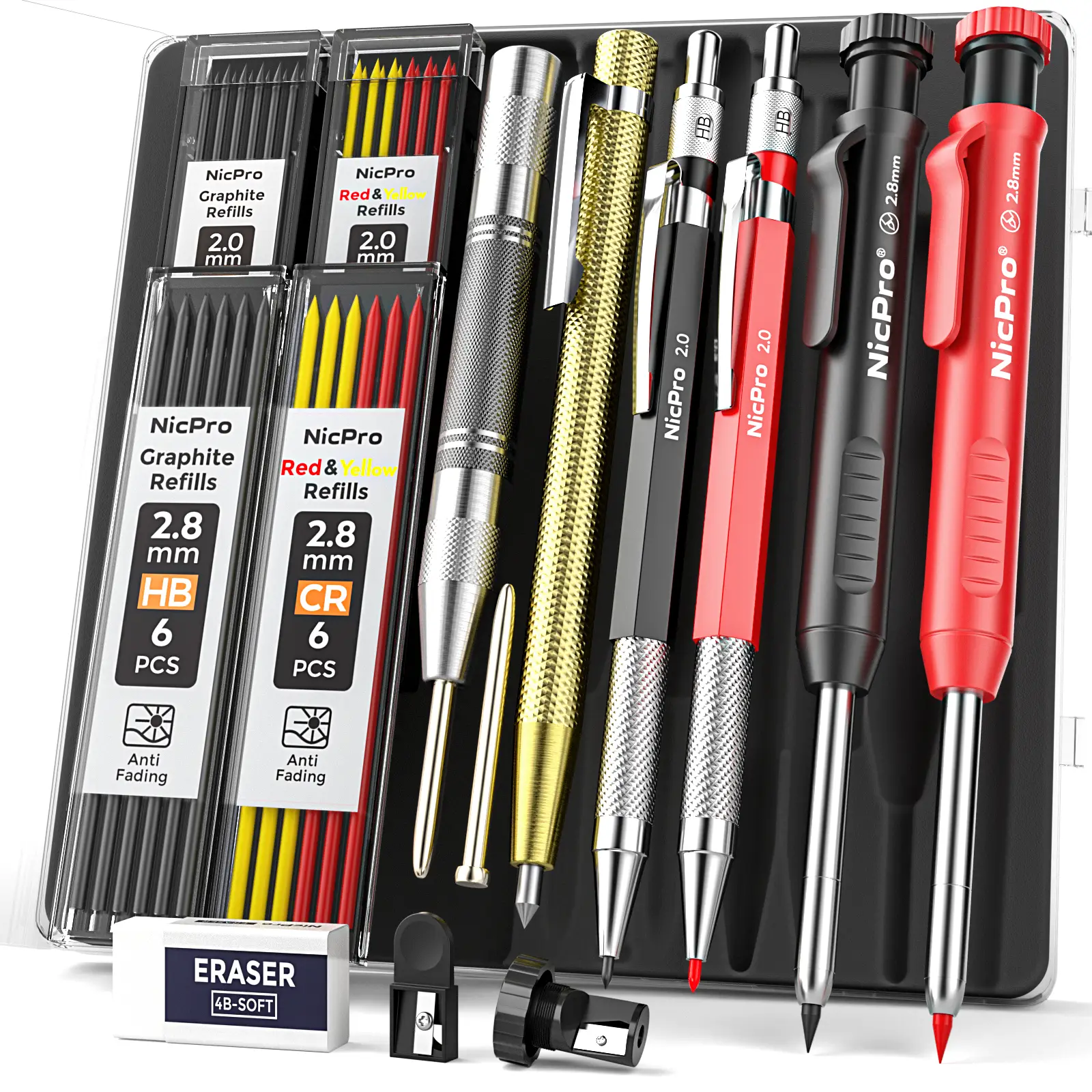 Nicpro 6 Pack Carpenter Pencil Set with Sharpener, Mechanical Carpenter Pencils with 40 Refill, Automatic Center Puncha and Carbide Scribe Tool, Heavy