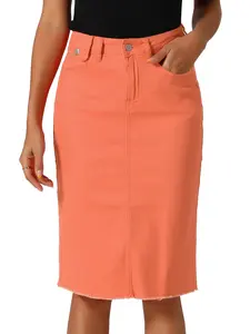 INSPIRE CHIC Casual Jean High Waist Back Slit Stretch Denim Skirt Red Orange