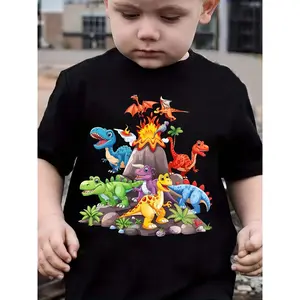 Boys' Summer Dinosaur Cartoon T-Shirt - Vibrant Volcano & Jungle Scene, Short Sleeve Round Neck Casual Top, Lightweight Regular Fit for Outdoor Play, Dinosaur Clothes