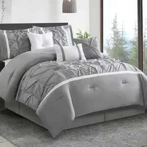 Grey Comforter Set, , 7 count Bed in a Bag, Microfiber Handcrafted Pintucking,  Season Bedding Set with Comforter, Bedskirt, Pillow Shams and Decro Pillows