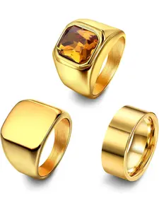Retro 3 Pcs Golden Thumb Rings Cool Stainless Steel Biker Ring Square Agate Onyx Rings for Men Women Ring Set Solid Polished Retro Band Rings Set