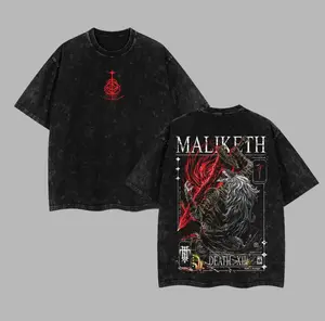 Retro Washed Black Oversized T-Shirt, Double-Sided Maliketh Boss Graphic & Red Rune Print Tee, Casual Crew Neck Short Sleeve Top, Streetwear Unisex Loose Fit T-Shirt for Men & Women, Dark Fantasy Gaming Aesthetic