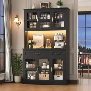 FOTOSOK  Storage Cabinet with LED Light and Charging Station, Hutch Cabinet with Microwave Stand, Kitchen Pantry with Doors and Shelves