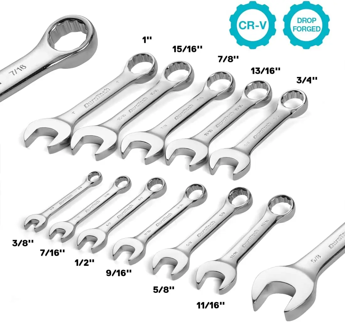 #fathersdaygift DURATECH Stubby Combination Wrench Set, SAE, 11-piece, 3/8'' to 1'', 12-Point, CR-V Steel, with Rolling Pouch