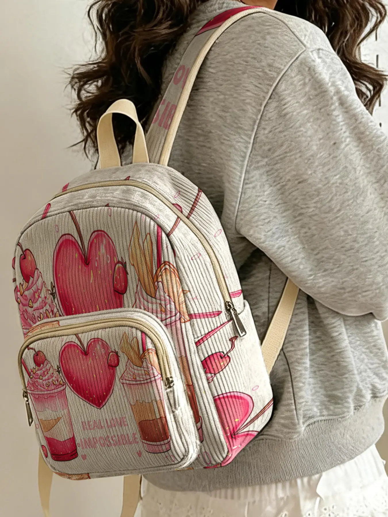 1 piece of lady's backpack with 2D printing of strawberry beverage pattern + 'REALLOVE', corduroy texture + layered storage + light and easy to carry | perfect for students to go to class/shopping/short trips | combines atmosphere with practicality