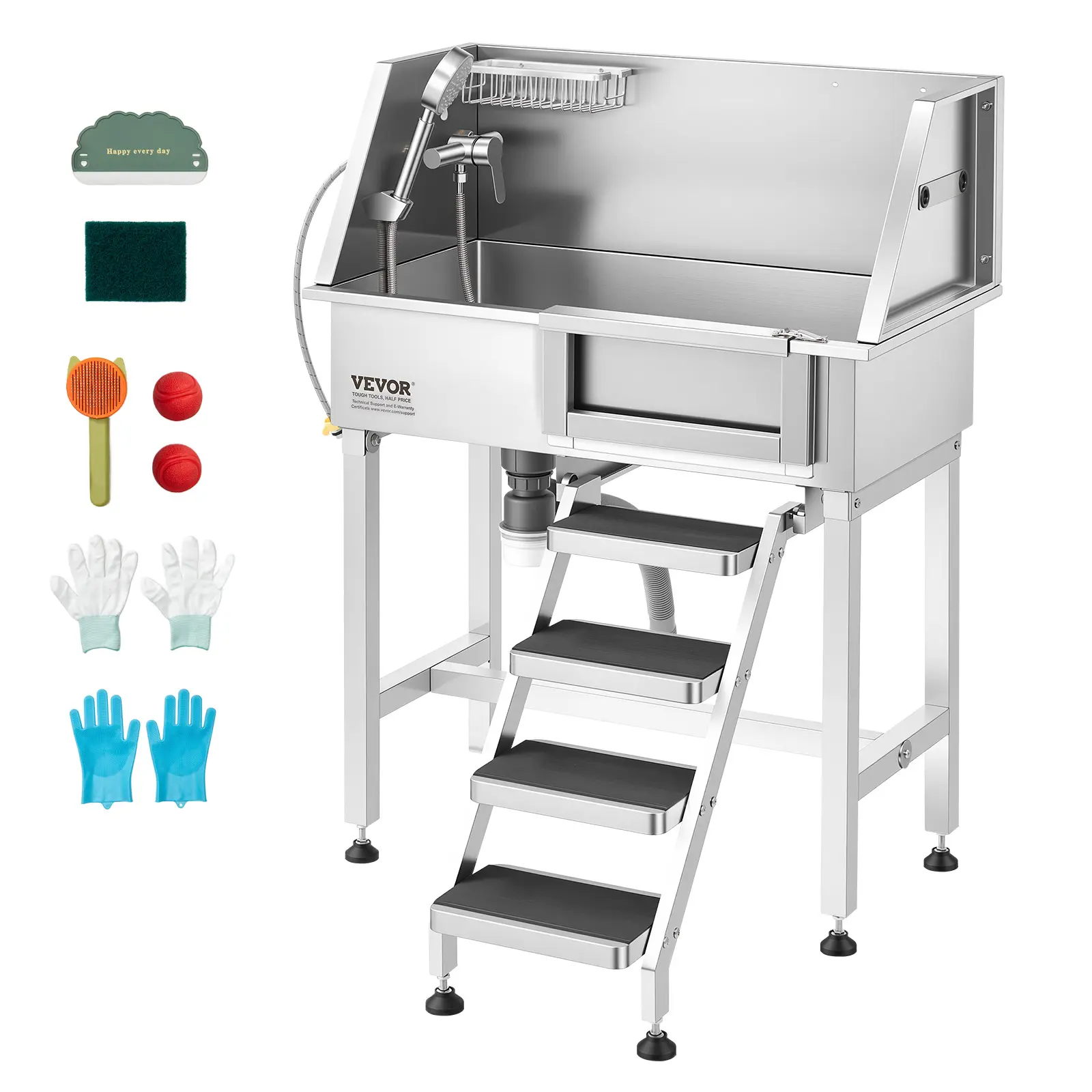 【SummerFinds】VEVOR 34-in Elevated Stainless Steel Pet Grooming Bathtub, 220 lb Load Capacity, Dual Control Hot/Cold Water Faucet, Shower, Built-in Soap Holder, Duckbill Buckle, Non-Slip Stairs, Easy-Clean Design, Right Door for Cats & Small Dogs, Bathtubs