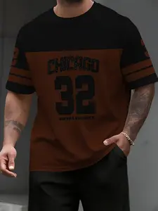 Men's 32 Pattern Chicago Letter Color Block Print Fitted T-Shirt Crew Neck Short Sleeve, Summer Casual Fashion T-Shirt Trendy Streetwear Casual Wear, Suitable for Everyday Wear and Outings, Menswear