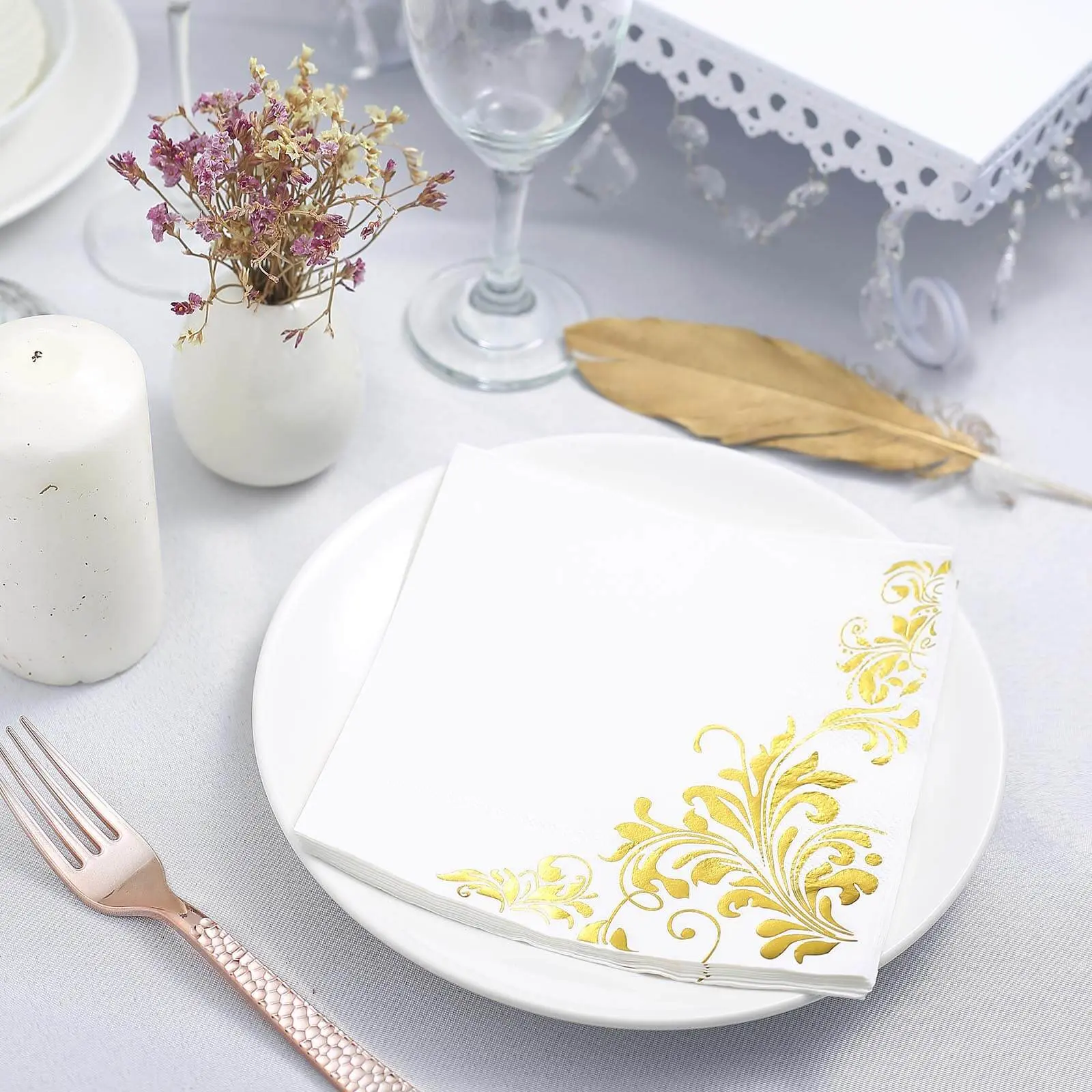 Triple-Ply Paper Napkins, 20-Pack Disposable Napkins with Metallic Gold Floral Print - Restaurant Tableware for Party, Birthday Events